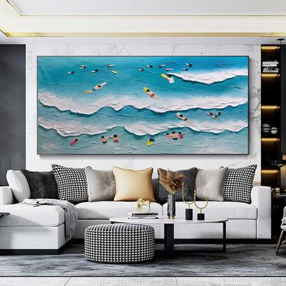 Vibrant Beach Scene Oil Painting with Textured Waves and Summer Fun