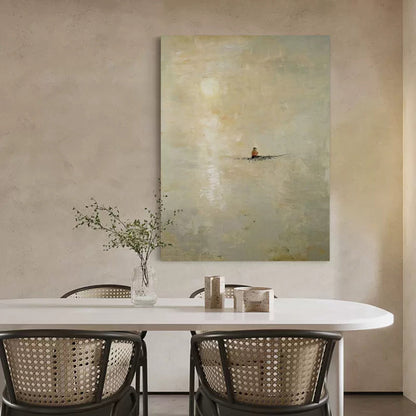 Serene Minimalist Landscape with a Rowboat – Tranquil Oil Painting for Home Décor