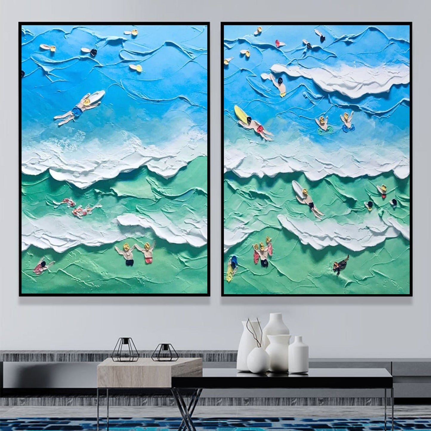 Vibrant Ocean Waves Abstract Oil Painting Duo for Coastal Decor