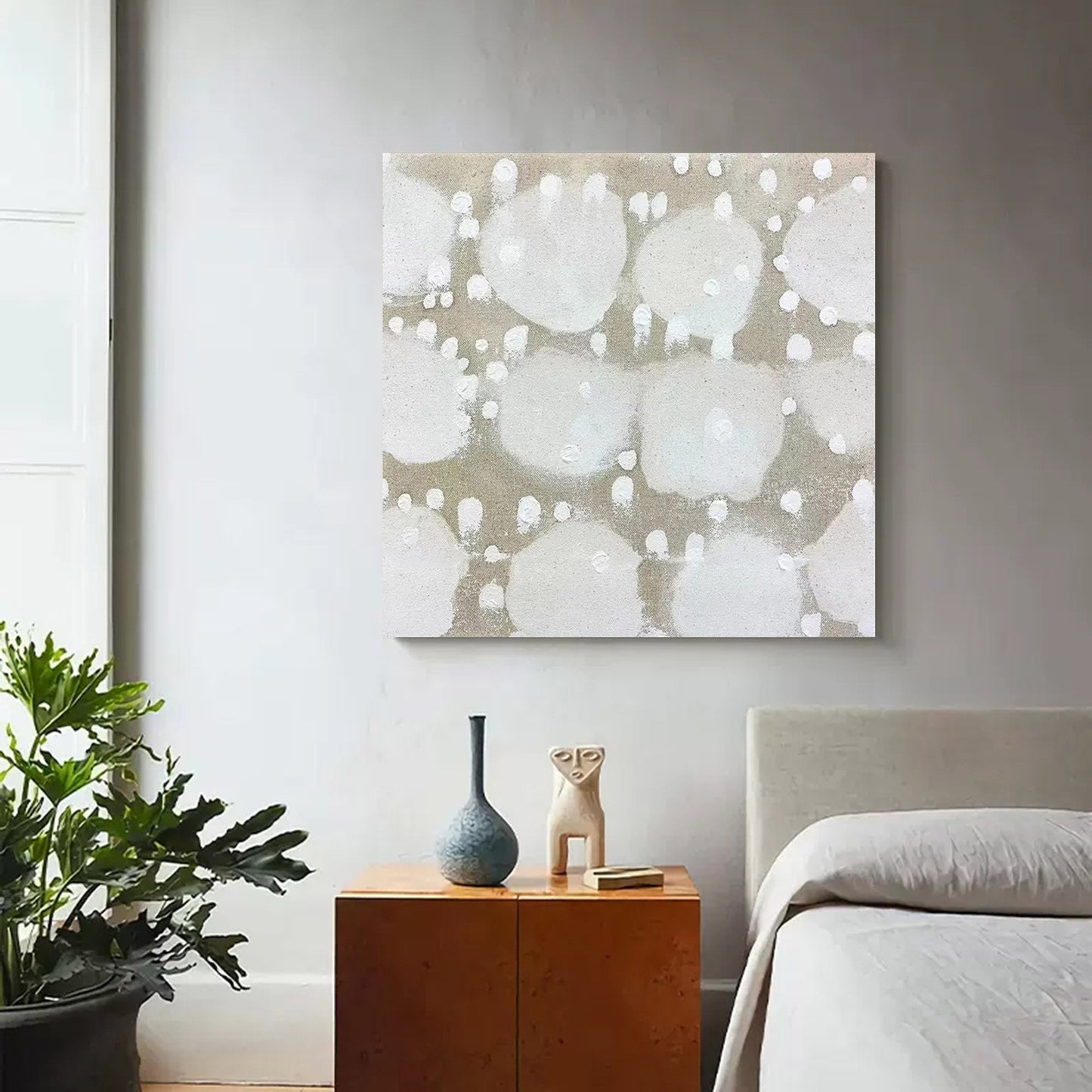 Elegant Minimalist Abstract Oil Painting with Soft White and Gray Dots