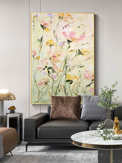 Vibrant Floral Oil Painting with Soft Pastels and Textured Brushstrokes