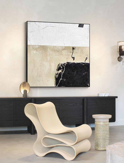 Contemporary Minimalist Black and White Abstract Oil Painting for Modern Spaces