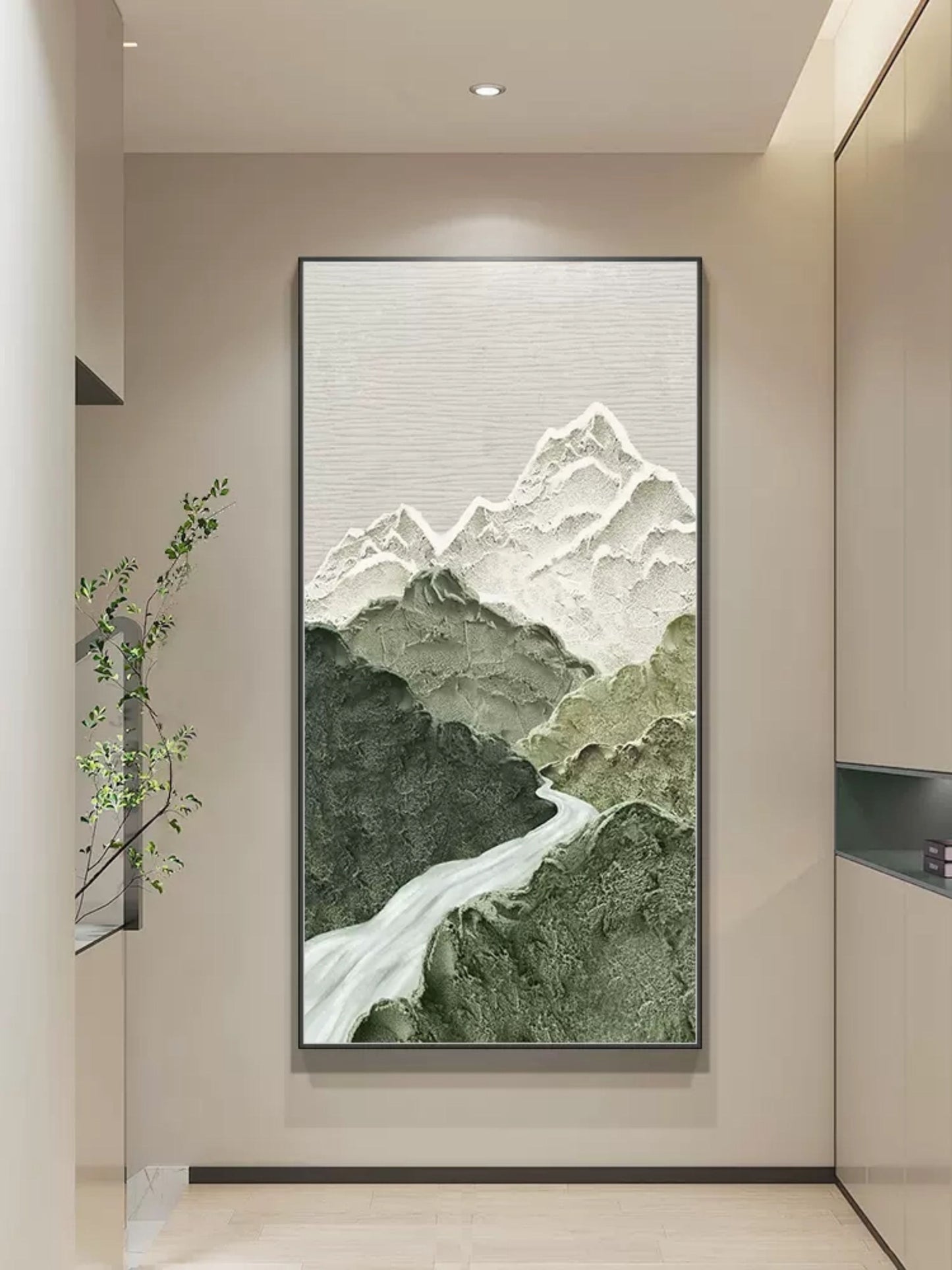 Serene Mountain Landscape Oil Painting, Wabi-Sabi Wall Decor for Tranquil Home