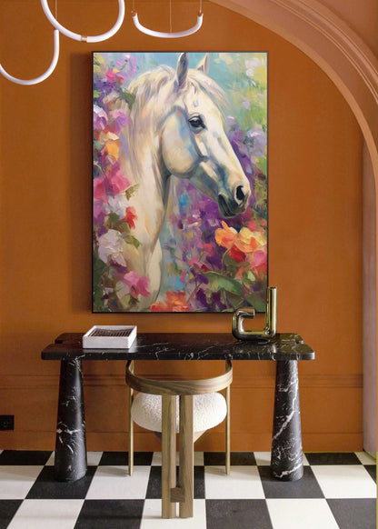 Majestic White Horse Oil Painting Surrounded by Vibrant Floral Beauty