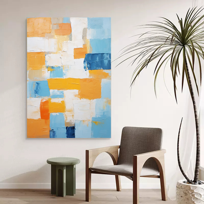 Vibrant Abstract Oil Painting in Blue, Yellow, and White for Modern Home Decor