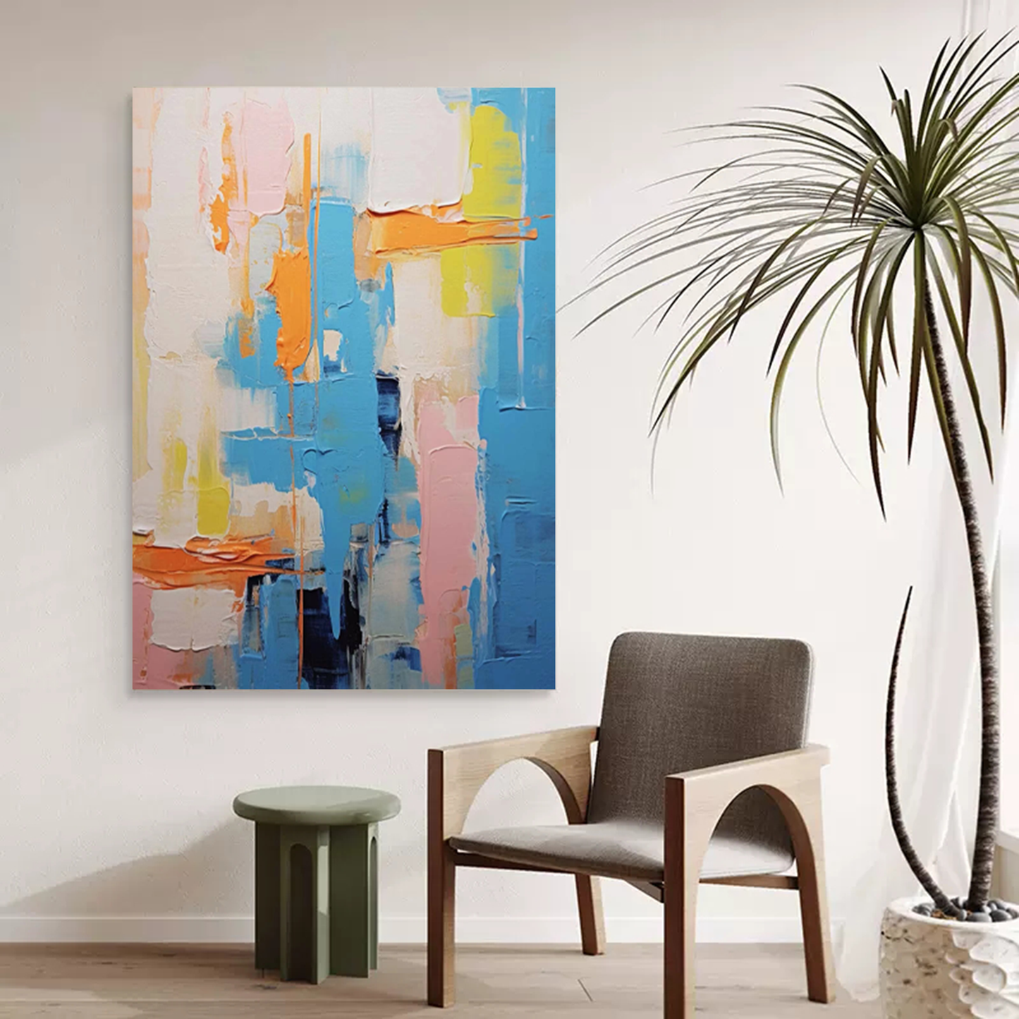 Vibrant Abstract Oil Painting in Blue, Pink, and Orange for Modern Home Decor