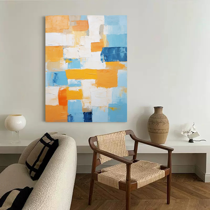 Vibrant Abstract Oil Painting in Blue, Yellow, and White for Modern Home Decor