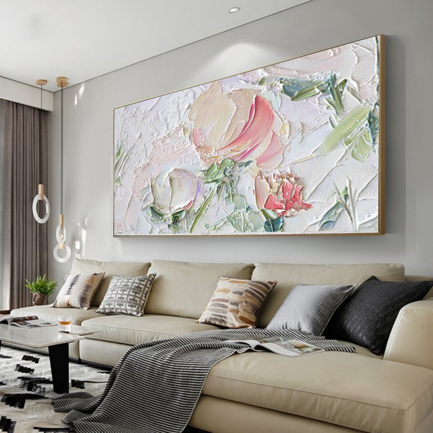 Textured Floral Oil Painting with Rose and Green Accents for Home Decor