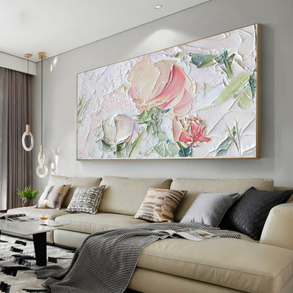 Textured Floral Oil Painting with Rose and Green Accents for Home Decor