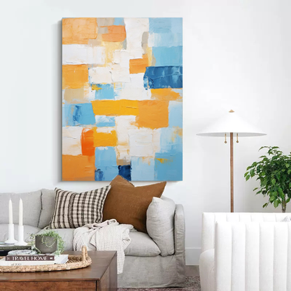 Vibrant Abstract Oil Painting in Blue, Yellow, and White for Modern Home Decor