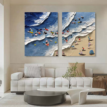 Colorful Beach Scene Abstract Oil Painting Duo for Modern Decor