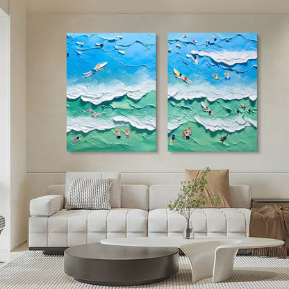 Vibrant Ocean Waves Abstract Oil Painting Duo for Coastal Decor