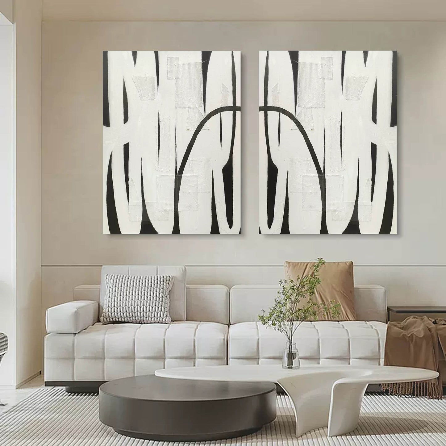 Monochrome Abstract Oil Painting Duo for Modern Home D√©cor