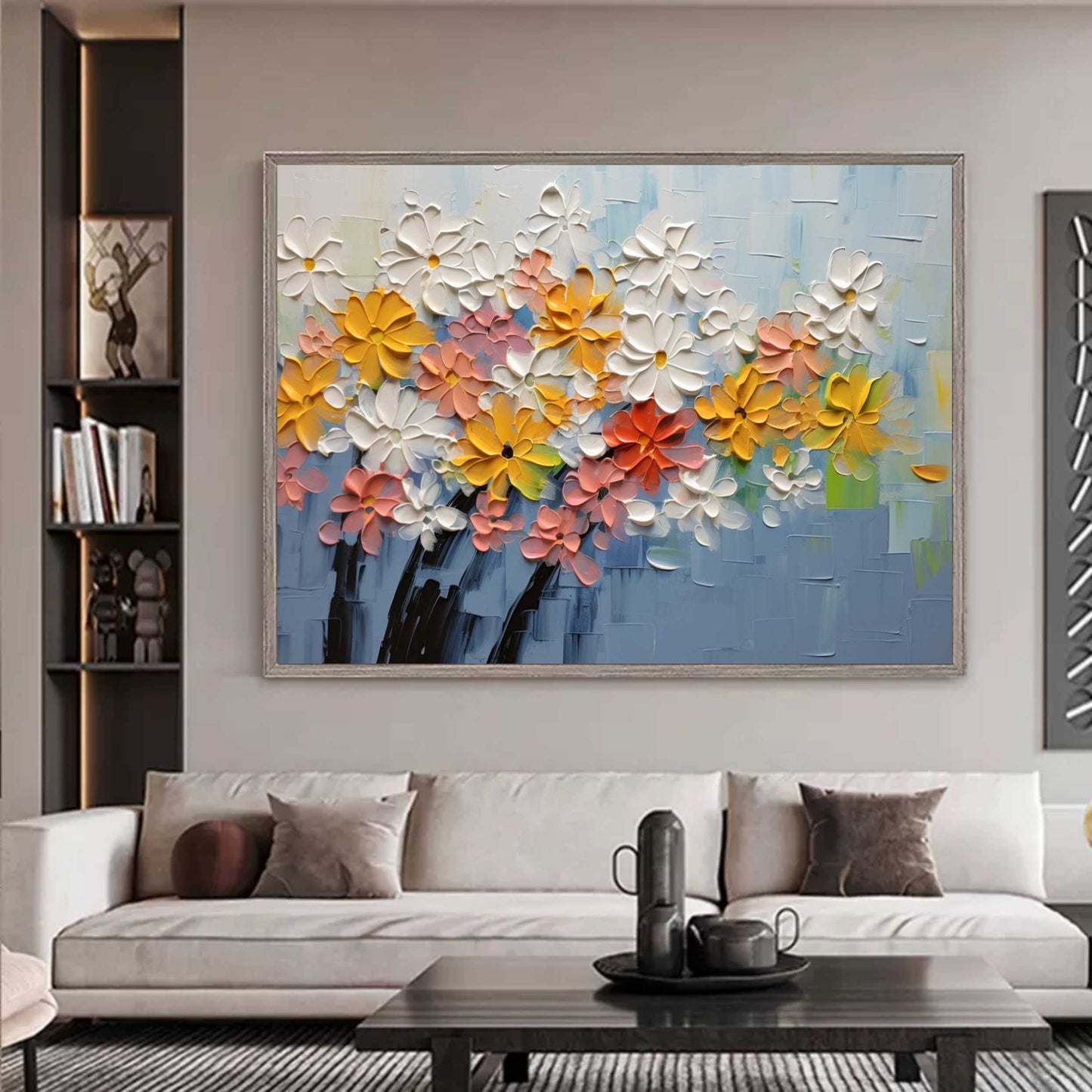 Vibrant Floral Oil Painting with Textured Blooms in Soft Pastels and Bright Hues