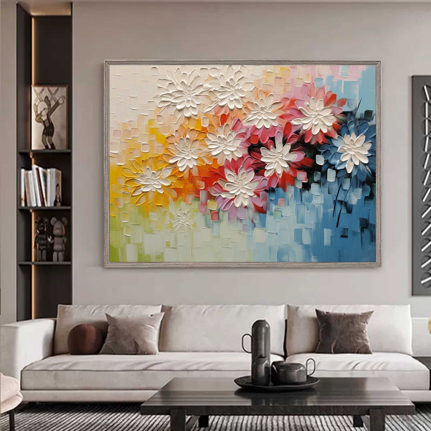Vibrant Floral Oil Painting with Textured Blossoms for Colorful Home Decor