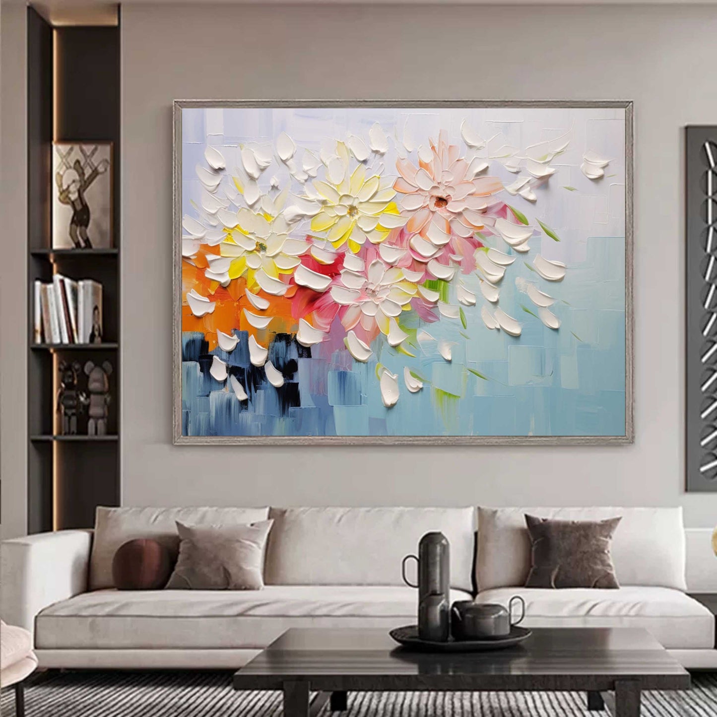 Vibrant Floral Oil Painting with Textured Petals and Colorful Background