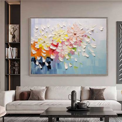 Vibrant Floral Oil Painting with Textured Petals and Colorful Background