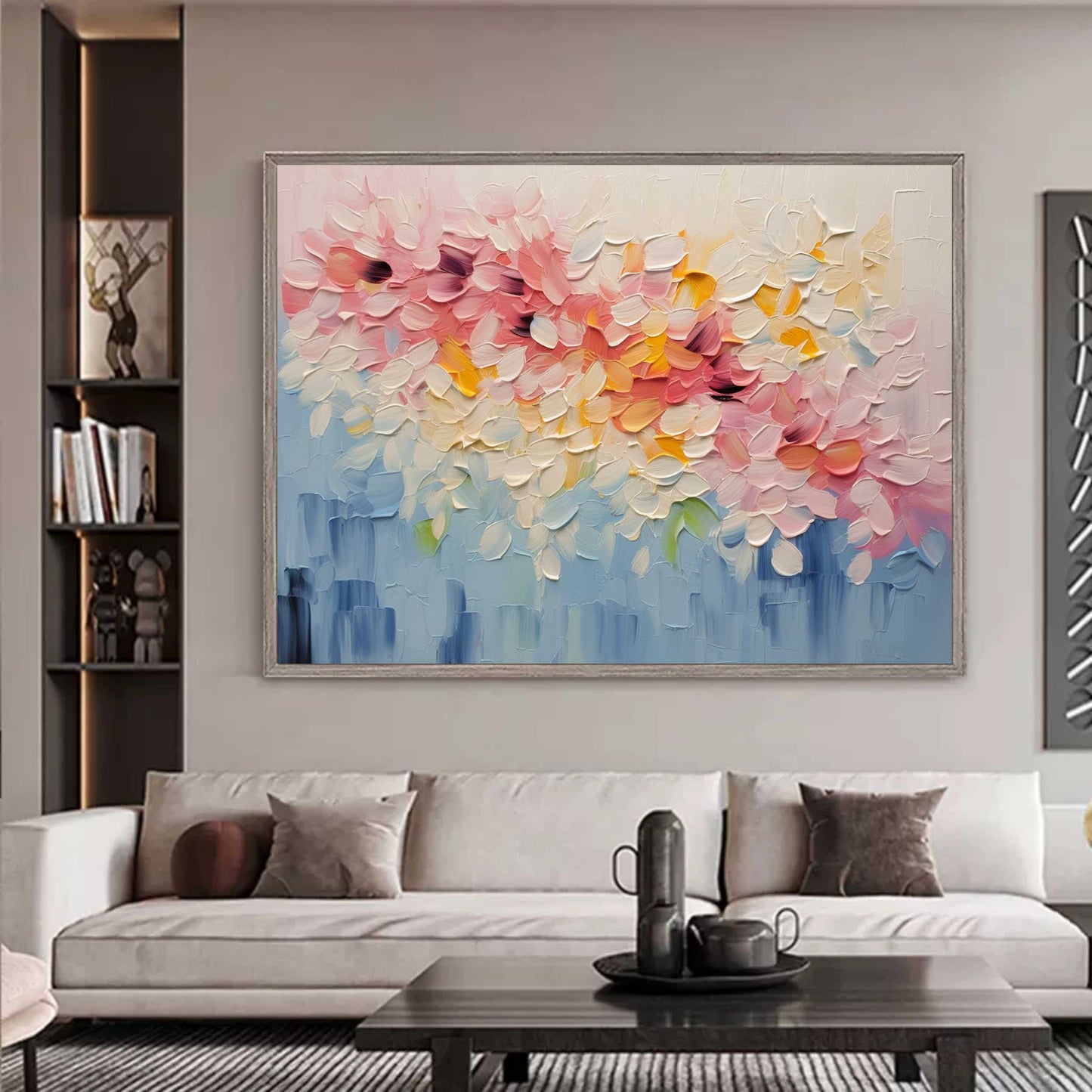 Vibrant Floral Abstract Oil Painting in Bright Pastels for Modern Home Decor