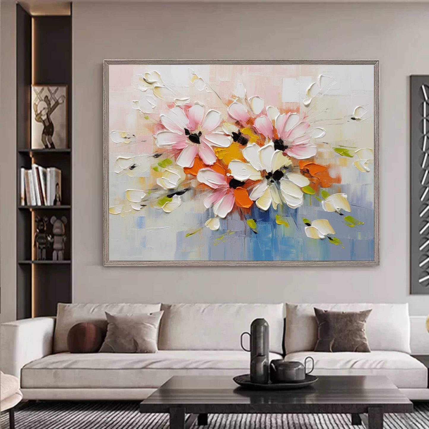 Vibrant Floral Oil Painting with Pink and White Flowers Perfect for Home Decor