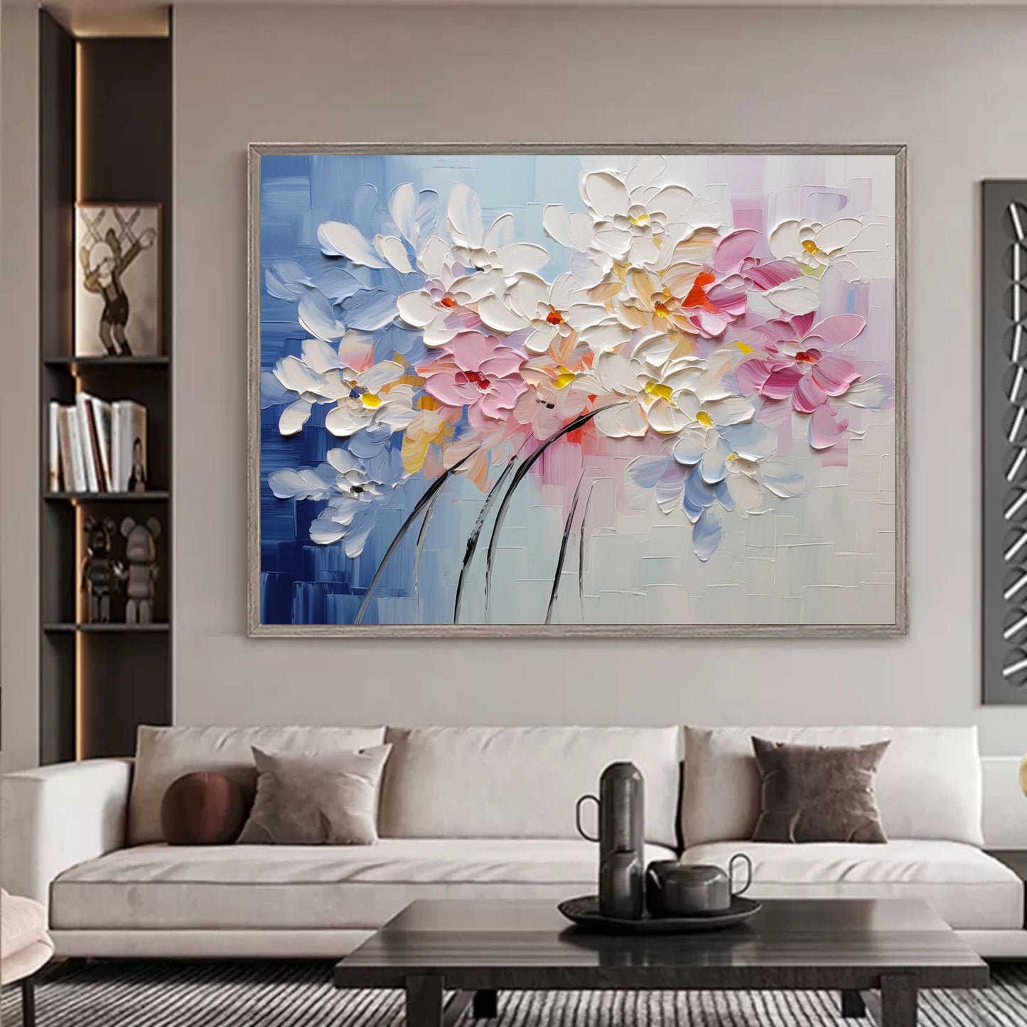 Vibrant Floral Oil Painting with Pastel Blooms and Artistic Textures
