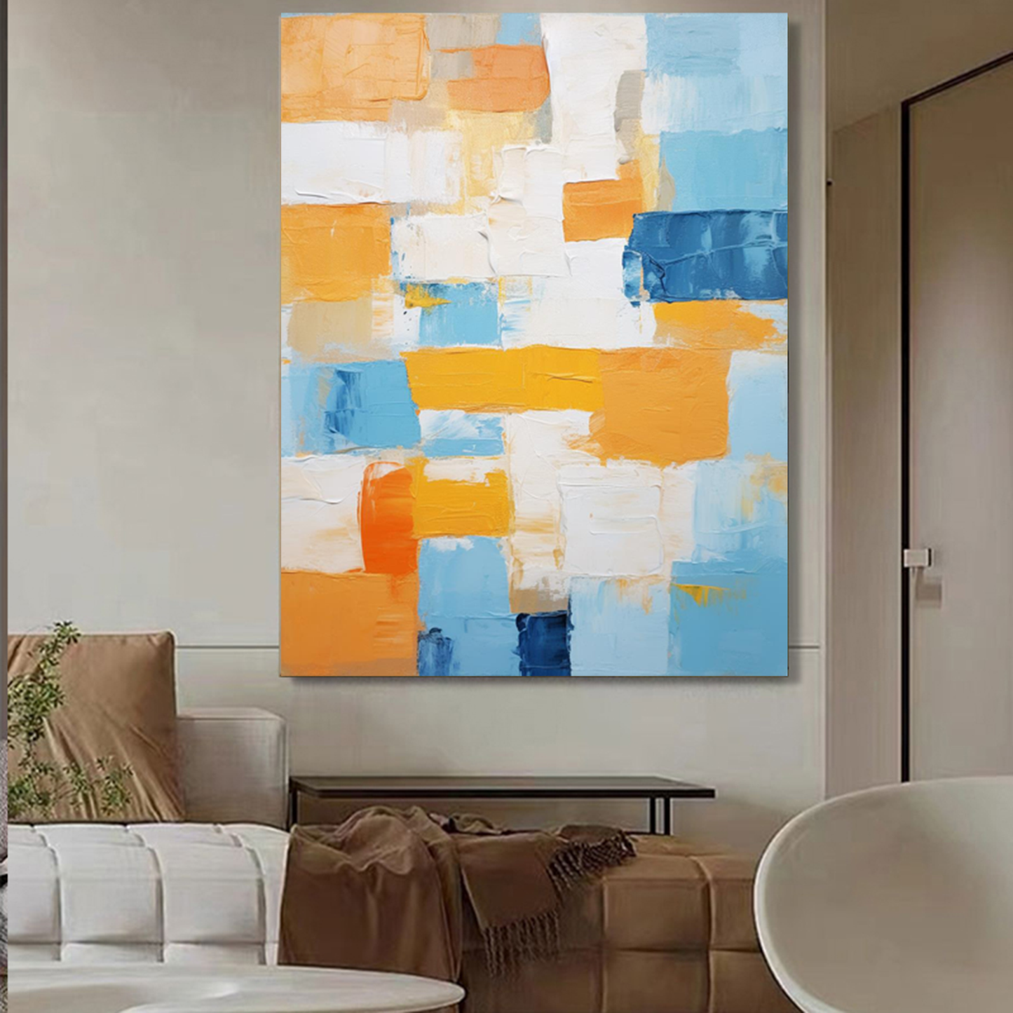 Vibrant Abstract Oil Painting in Blue, Yellow, and White for Modern Home Decor