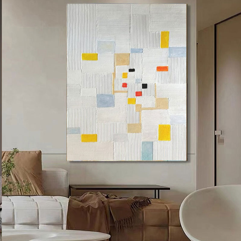 Abstract Geometric Oil Painting with Bold Colors and Textured Patterns for Modern Decor