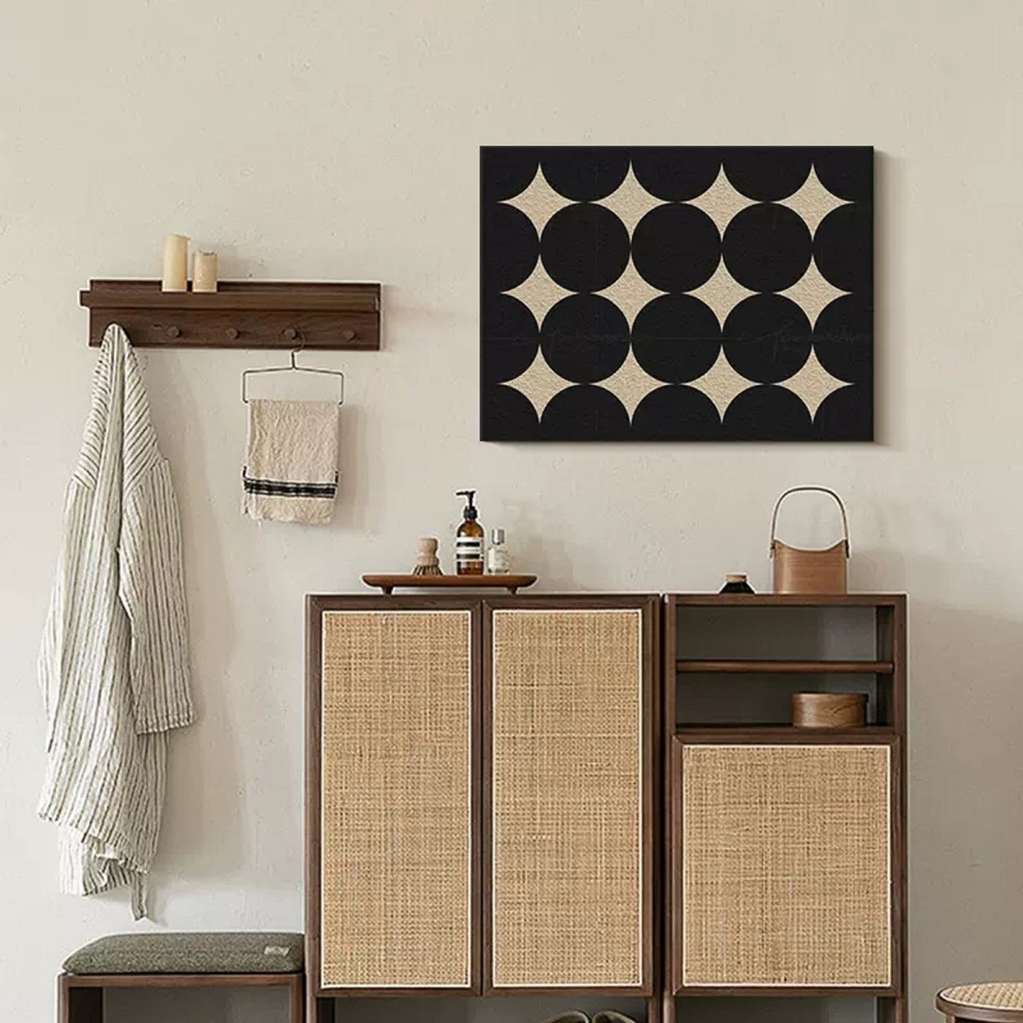 Elegant Black and Beige Minimalist Geometric Oil Painting for Modern Decor