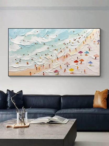 Vibrant Beach Scene Oil Painting with Textured Waves and Colorful Umbrellas