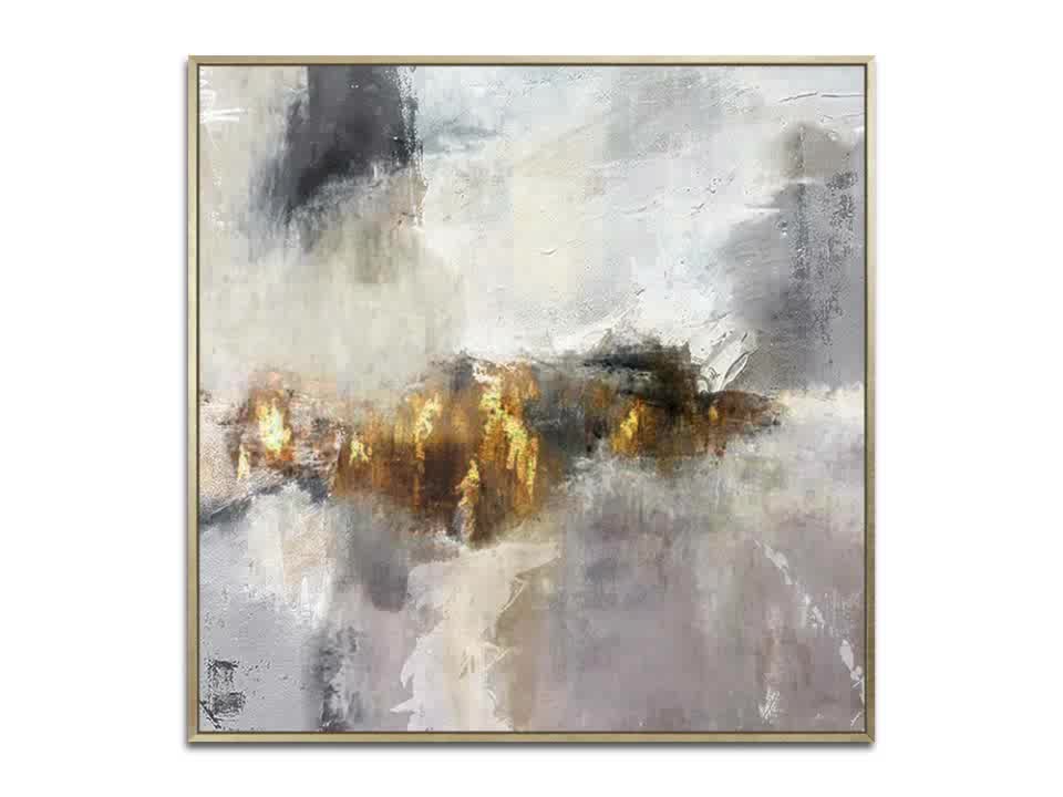 Abstract Oil Painting of Dreamy Landscapes in Soft Gray and Gold Tones
