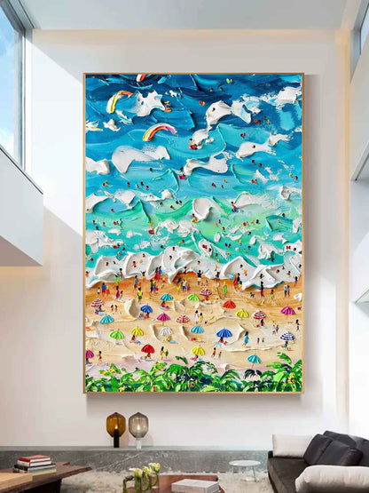 Vibrant Beach Scene Oil Painting with Textured Waves and Colorful Umbrellas