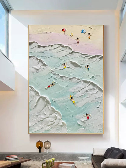 Vibrant Beach Scene Oil Painting with Textured Waves and Sunbathers