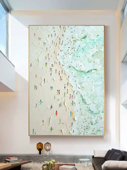 Vibrant Beach Scene Oil Painting with Textured Ocean Waves and Colorful Bathers