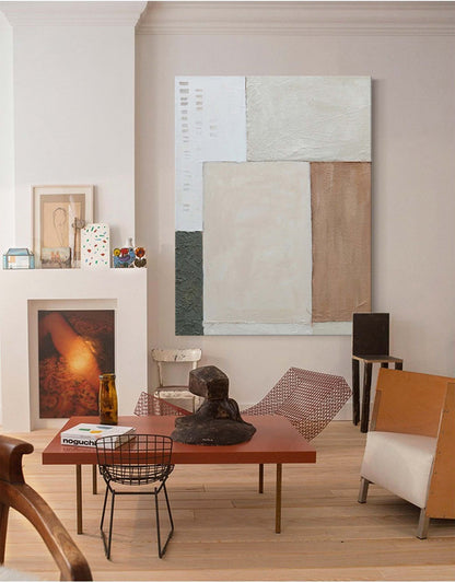Modern Minimalist Oil Painting with Geometric Shapes and Neutral Tones for Home Decor