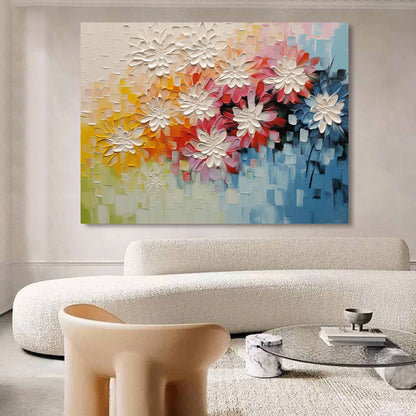 Vibrant Floral Oil Painting with Textured Blossoms for Colorful Home Decor