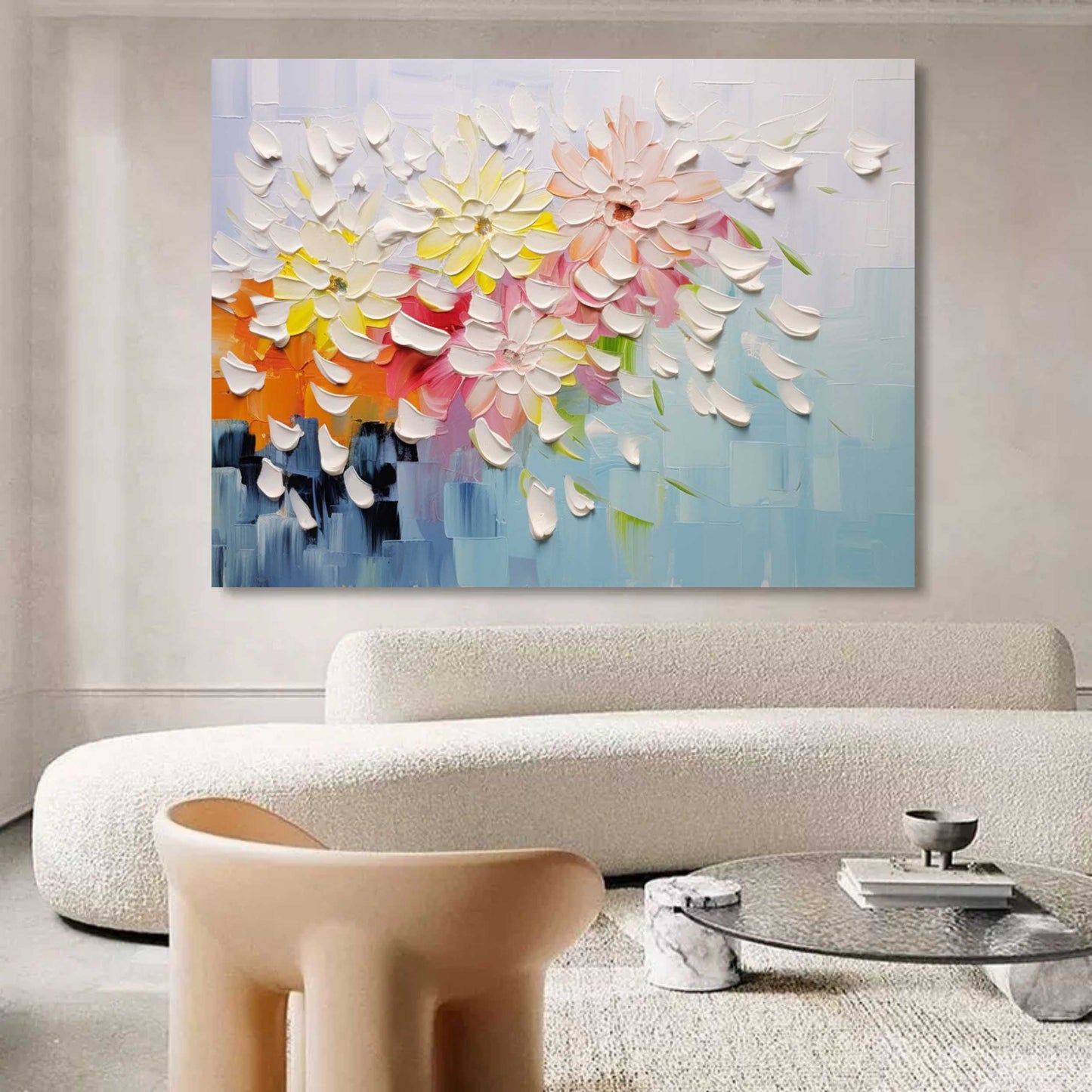 Vibrant Floral Oil Painting with Textured Petals and Colorful Background