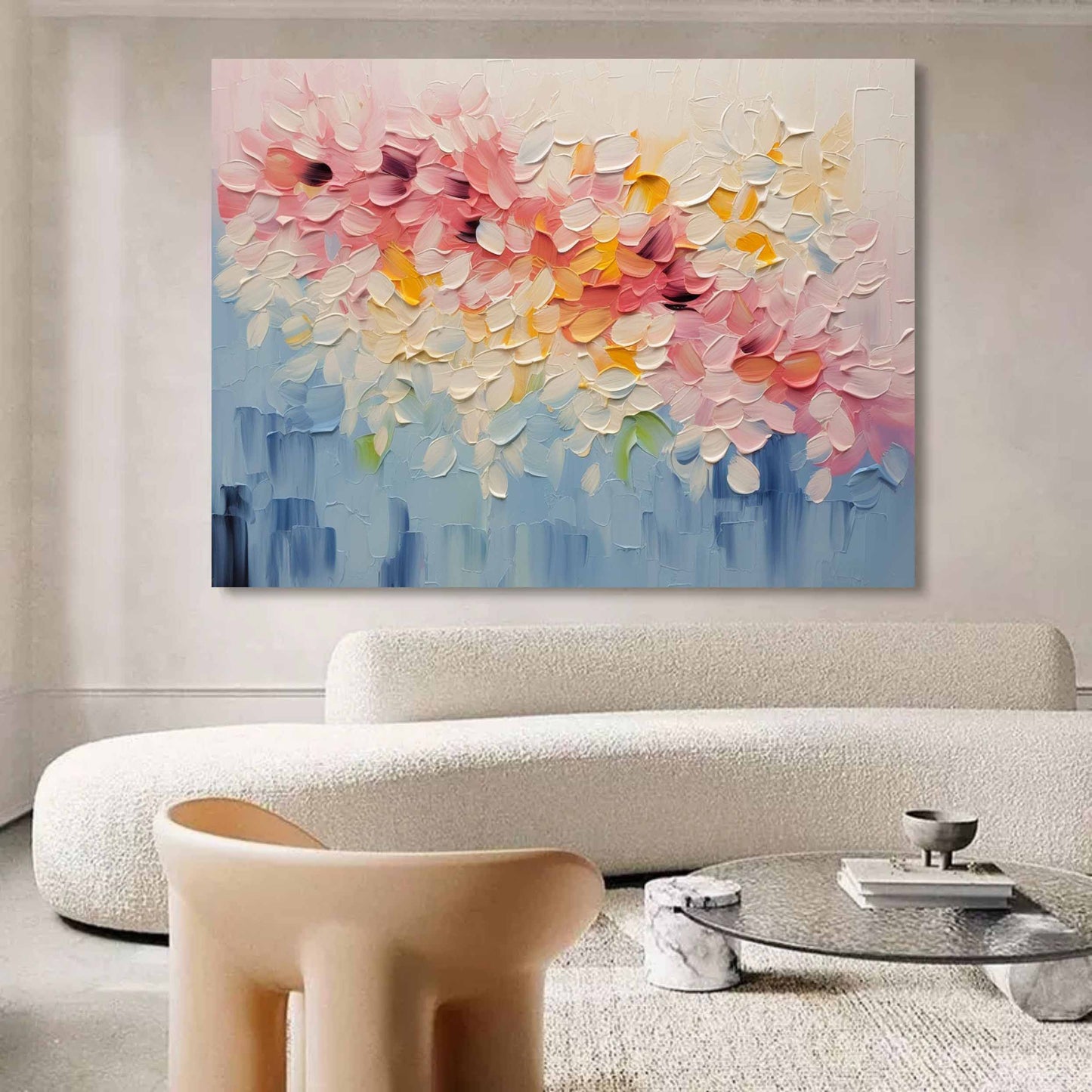 Vibrant Floral Abstract Oil Painting in Bright Pastels for Modern Home Decor