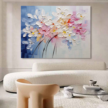 Vibrant Floral Oil Painting with Pastel Blooms and Artistic Textures