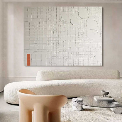 Textured White Oil Painting with Geometric Shapes and Subtle Color Accents