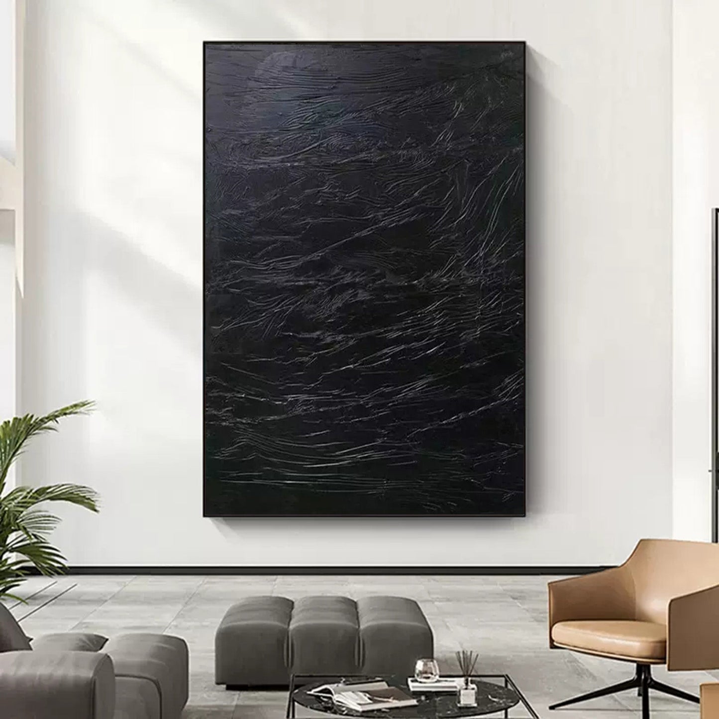 Abstract Black Textured Oil Painting for Modern Home Decor