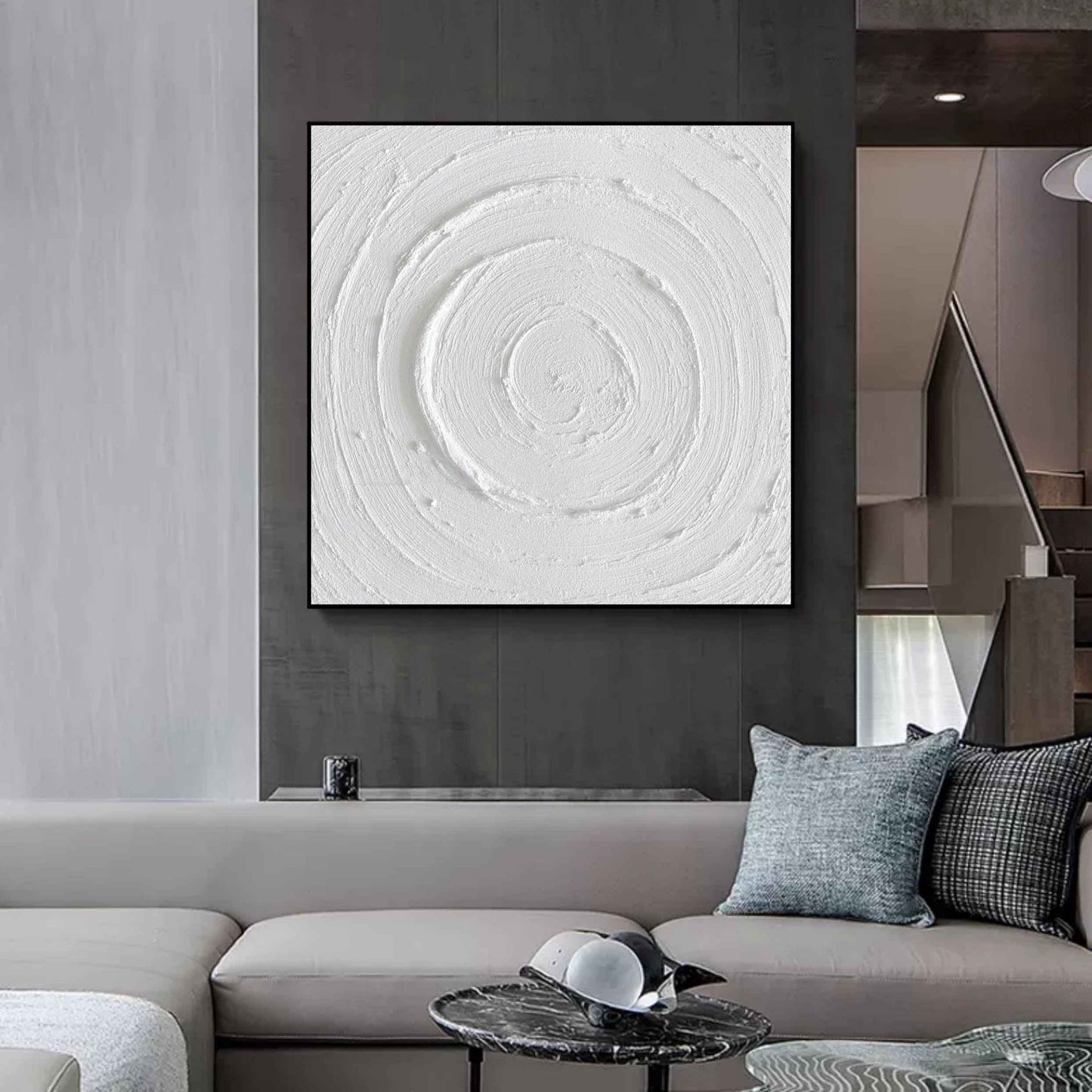 Textured White Circular Abstract Oil Painting for Modern Home Decor