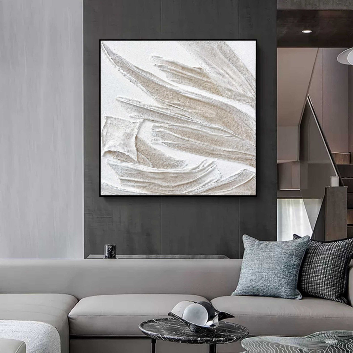 Textured White Oil Painting - Abstract Plaster Art for Modern Interiors