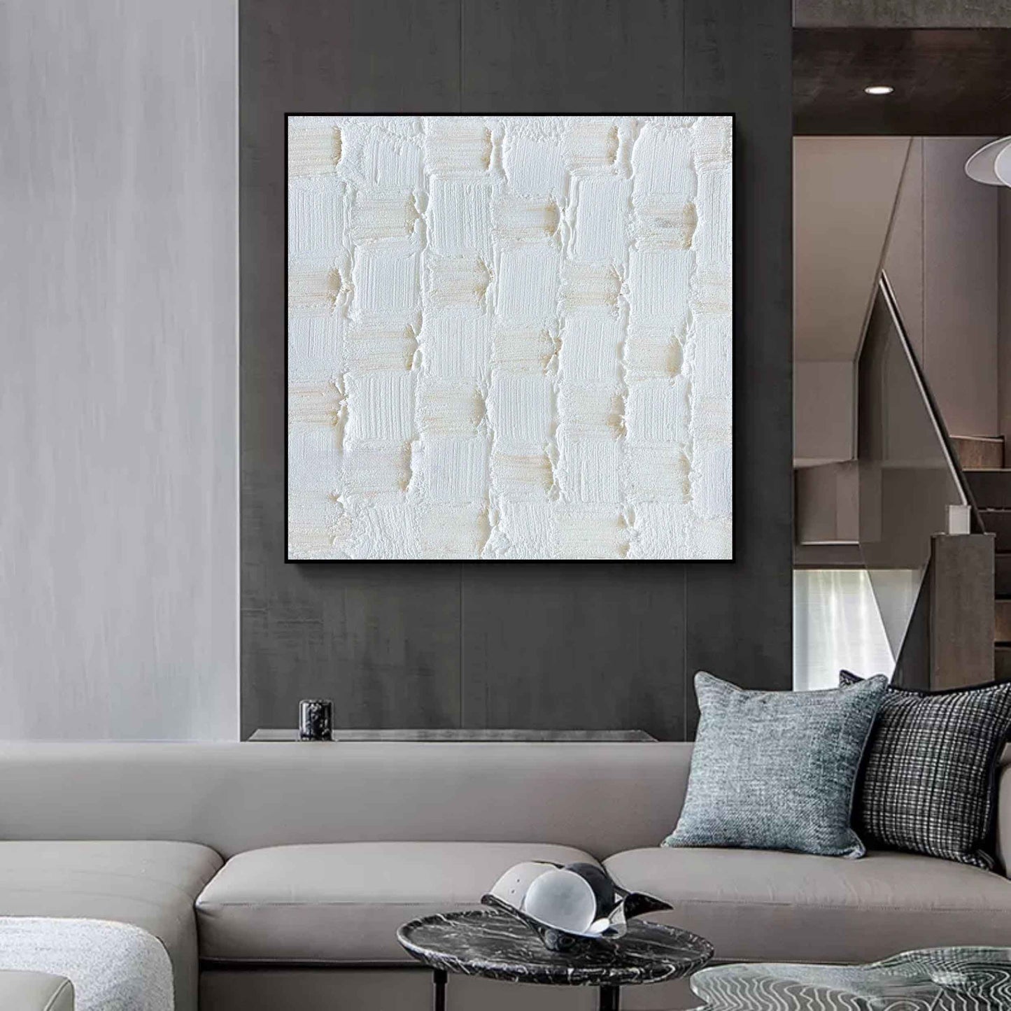 Textured White Oil Painting with Plaster Finish for Modern Home Decor