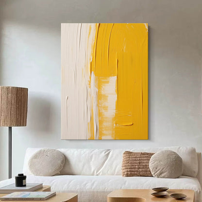 Contemporary Yellow and White Minimalist Oil Painting for Modern Home Decor