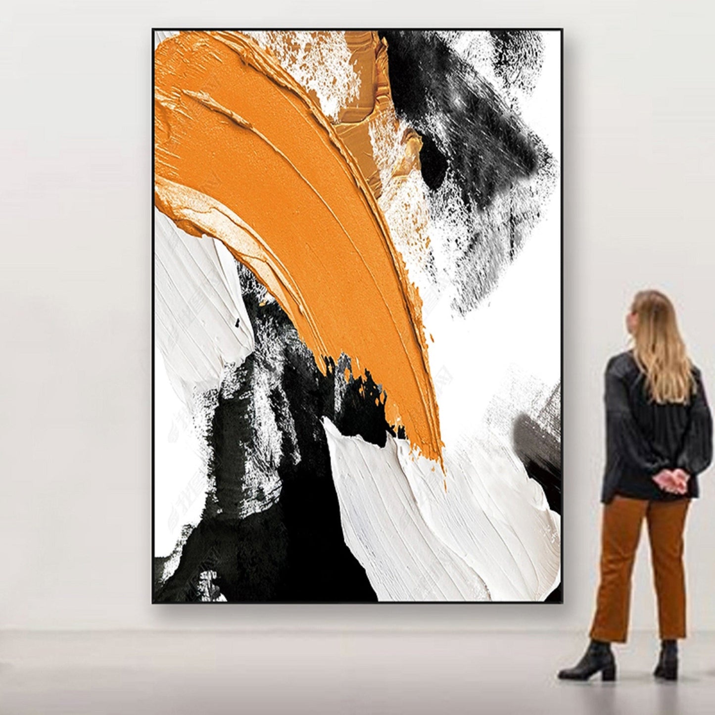 Vibrant Abstract Oil Painting with Bold Yellow, Black, and White Textures for Modern Decor