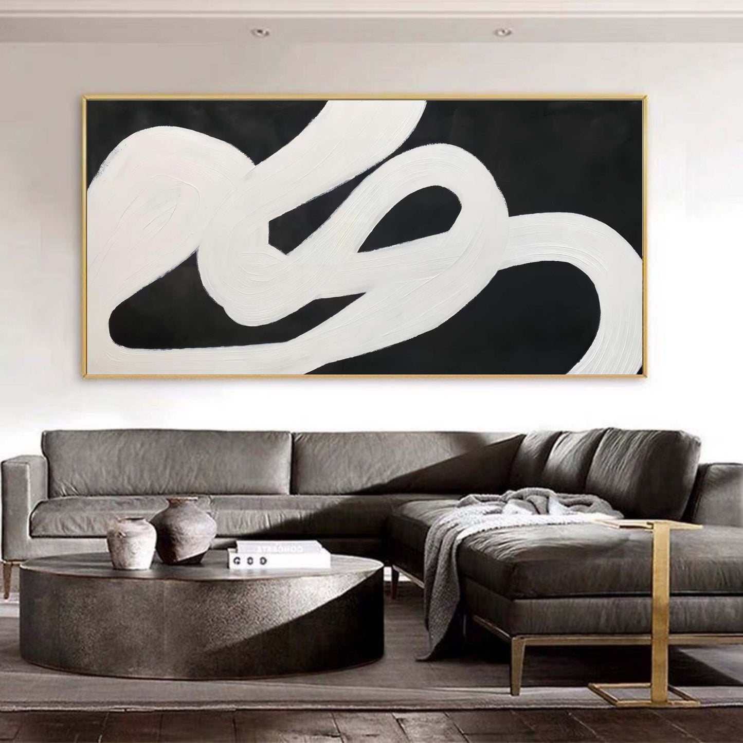 Abstract White and Black Oil Painting for Modern Home Decor