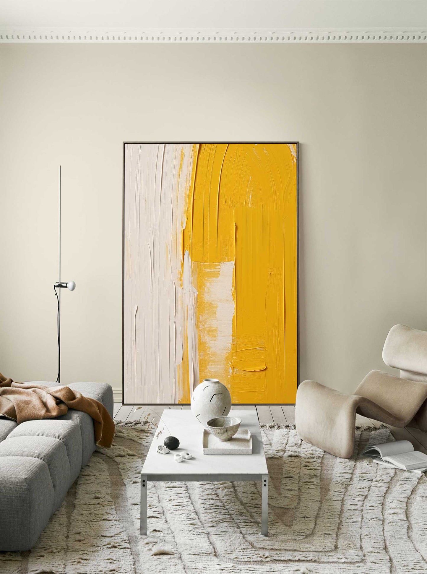 Contemporary Yellow and White Minimalist Oil Painting for Modern Home Decor