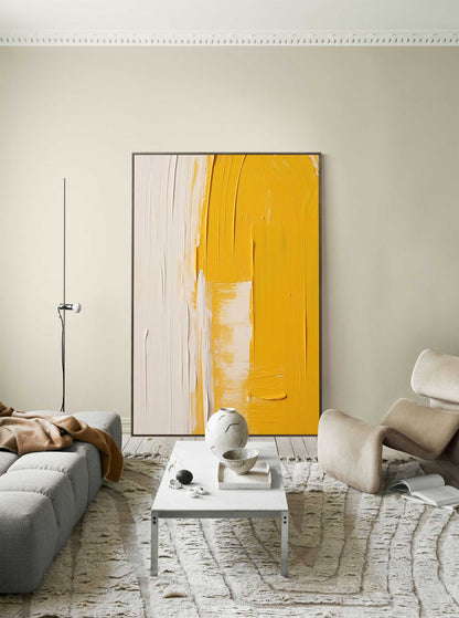 Contemporary Yellow and White Minimalist Oil Painting for Modern Home Decor