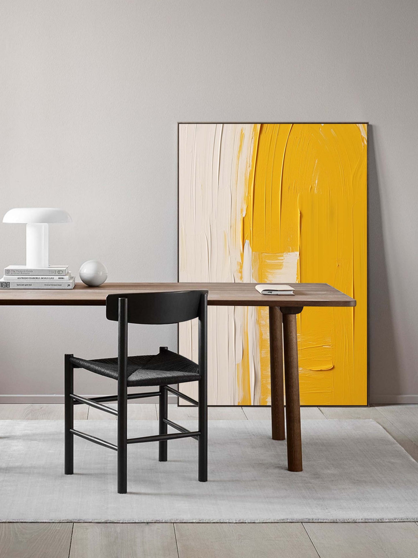 Contemporary Yellow and White Minimalist Oil Painting for Modern Home Decor