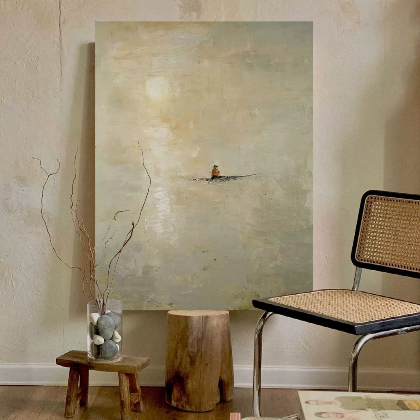 Serene Minimalist Landscape with a Rowboat – Tranquil Oil Painting for Home Décor
