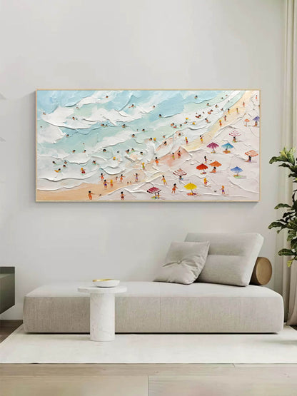 Vibrant Beach Scene Oil Painting with Textured Waves and Colorful Umbrellas